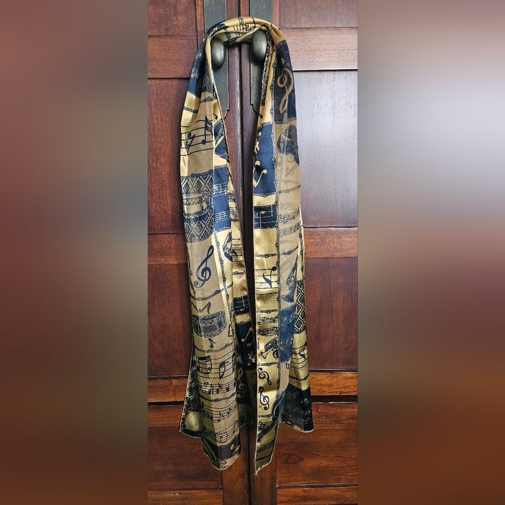 Music Themed Scarf Gold w/Black Instruments and Notes